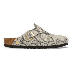 BIRKENSTOCK Boston Print LEVE Snake Oyster Klapki damskie. Brązowe klapki damskie Birkenstock, bez wzorów, z denimu, eleganckie, bez obcasa, bez zapięcia. Za 629.99 zł.