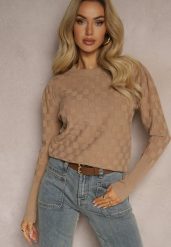 Ciemnobeżowy Sweter z Modalem i Wiskozą Ozdobiony Tłoczeniem Liliti. Brązowe swetry nierozpinane damskie Renee, m, z aplikacjami, z jeansu, casualowe, bez kołnierzyka, bez ramiączek. Za 69.99 zł.