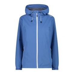 Damska kurtka wodoodporna CMP. Niebieskie kurtki sportowe damskie CMP, bez wzorów, bez ramiączek, bez kaptura, trekkingowe. W wyprzedaży za 321.15 zł.