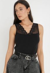 Czarny Top Theophochis. Czarne topy damskie Born2be, l, bez wzorów, z bawełny, klasyczne, bez kołnierzyka, bez ramiączek. Za 29.99 zł.