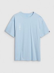 4F T-shirt oversize z nadrukiem męski - niebieski L. Niebieskie t-shirty męskie 4F, l, bez wzorów, z bawełny, bez kołnierzyka, bez ramiączek. W wyprzedaży za 59.99 zł.