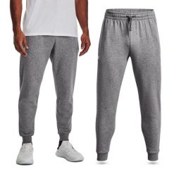 Spodnie dresowe męskie UNDER ARMOUR Rival Fleece joggery. Szare spodnie sportowe męskie Under Armour, m, bez wzorów, z dresówki, na fitness i siłownię. W wyprzedaży za 151.82 zł.