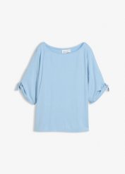 T-shirt z dekoltem w łódkę. Niebieskie t-shirty damskie bonprix, bez wzorów, z wiskozy, bez kołnierzyka, bez ramiączek. Za 44.99 zł.