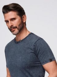 Męski t-shirt z efektem sprania – granatowy V2 - Rozmiar: XXL. Niebieskie t-shirty męskie Ombre Clothing, m, bez wzorów, z bawełny, bez kołnierzyka, bez ramiączek. Za 149.99 zł.