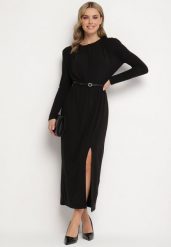 Czarna Wiskozowa Sukienka z Gumką w Talii i Eleganckim Rozcięciem Jistaria. Czarne sukienki damskie Born2be, na co dzień, l, bez wzorów, z wiskozy, eleganckie, bez kołnierzyka, bez ramiączek, maxi. Za 169.99 zł.