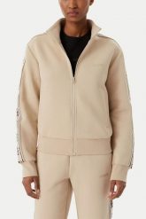 GUESS Beżowa damska bluza rozpinana z lampasami Britney, Rozmiar XS. Brązowe bluzy damskie Guess, xs, z aplikacjami, eleganckie, bez ramiączek, bez kaptura. Za 489.99 zł.