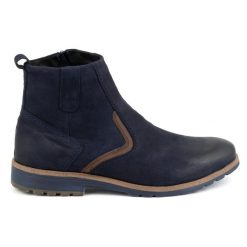 KOMODO Buty męskie trzewiki skórzane zimowe 924K granatowe niebieskie. Niebieskie botki męskie na zimę, bez wzorów, ze skóry, eleganckie, bez obcasa, bez zapięcia. Za 438.49 zł.