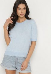 Niebieski Sweter z Wełną i Krótkim Rękawem Turosa. Niebieskie swetry nierozpinane damskie Born2be, bez wzorów, z jeansu, eleganckie, bez kołnierzyka, bez ramiączek. Za 89.99 zł.