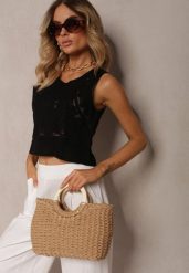 Czarny Top z Bawełną o Ażurowym Wzorze Nestavera. Czarne topy damskie Renee, m, z aplikacjami, z bawełny, eleganckie, bez kołnierzyka, bez ramiączek. Za 54.99 zł.