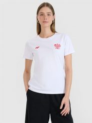 4F Koszulka kibica damska - biała S. Białe bluzki damskie 4F, s, bez wzorów, z bawełny, klasyczne, bez kołnierzyka, bez ramiączek. Za 49.99 zł.