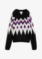 Sweter z grubej dzianiny we wzór Fair Isle. Białe swetry nierozpinane damskie bonprix, bez wzorów, z dzianiny, bez kołnierzyka, bez ramiączek. Za 129.99 zł.