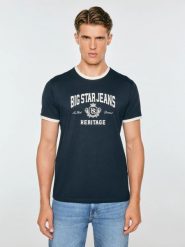 Koszulka męska z kontrastowym nadrukiem granatowa berno 403. Niebieskie t-shirty męskie BIG STAR, l, z aplikacjami, z bawełny, bez kołnierzyka, bez ramiączek. Za 99.99 zł.