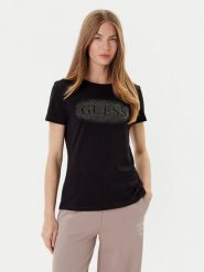 Guess T-Shirt V5YI08 J1314 Czarny Regular Fit. Czarne t-shirty damskie Guess, xs, z aplikacjami, z bawełny, bez kołnierzyka, bez ramiączek. Za 99.99 zł.