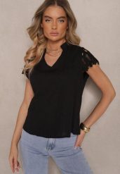 Czarna Bluzka z Tłoczonej Tkaniny z Bawełny Zdobiona Koronką Adivlolla. Czarne bluzki damskie Renee, m, z aplikacjami, z bawełny, eleganckie, bez kołnierzyka, bez ramiączek. Za 39.99 zł.