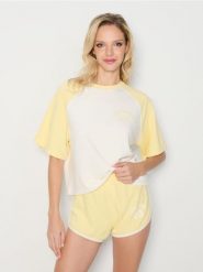 Bluza z krótkim rękawem - żółty. Żółte bluzy damskie Sinsay, l, bez wzorów, bez ramiączek, bez kaptura. W wyprzedaży za 27.99 zł.