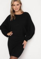 Czarny Dzianinowy Komplet z Wiskozą Sweter Typu Nietoperz i Dopasowana Sukienka Galeti. Czarne swetry nierozpinane damskie Born2be, s, bez wzorów, z dzianiny, eleganckie, bez kołnierzyka, bez ramiączek. Za 129.99 zł.