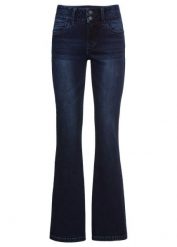 Modelujące jeansy ze stretchem, high waist, krój bootcut. Niebieskie jeansy damskie bonprix, bez wzorów, z jeansu, z podwyższonym stanem. Za 199.99 zł.