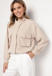 Beżowa Kurtka ze Stójką i Ozdobnymi Guzikami Ściągana w Pasie Troczkiem Basalle. Brązowe kurtki damskie Born2be, l, bez wzorów, z jeansu, bez kaptura. Za 129.99 zł.