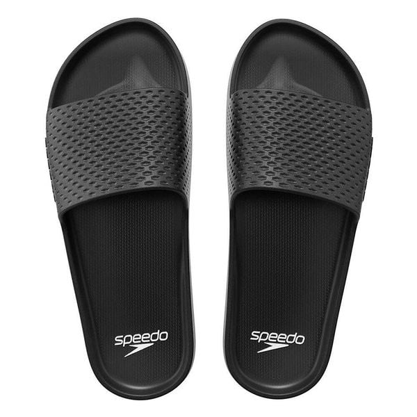 Klapki basenowe antypoślizgowe damskie Speedo Slide Entry. Czarne klapki damskie Speedo, na lato, bez wzorów, z materiału, bez obcasa, bez zapięcia. Za 63.99 zł.
