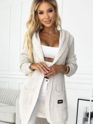Sweter Kardigan Model 488-1 Beige - Numoco. Brązowe kardigany damskie Numoco, plus size, z aplikacjami, bez kołnierzyka, plus size. Za 222.78 zł.