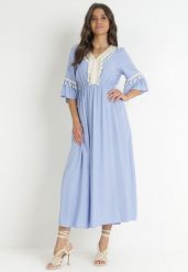 Niebieska Wiskozowa Sukienka Maxi z Ozdobnym Dekoltem i Gumką w Pasie Latava. Niebieskie sukienki damskie Born2be, na co dzień, m, bez wzorów, z wiskozy, bez kołnierzyka, bez ramiączek, maxi, rozkloszowane. Za 79.99 zł.