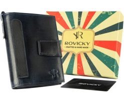 Portfel granatowy Rovicky N1227-RHP-6750 NAVY. Niebieskie portfele męskie ROVICKY, bez wzorów, ze skóry. Za 91.99 zł.