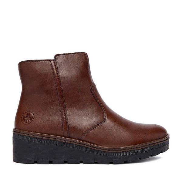 Botki Rieker. Brązowe botki damskie Rieker, bez wzorów, bez obcasa, na koturnie, bez zapięcia. Za 309.99 zł.
