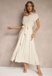 Beżowa Koszulowa Sukienka z Wiskozy z Paskiem Rinaira. Brązowe sukienki damskie Renee, na co dzień, l, bez wzorów, z materiału, eleganckie, bez kołnierzyka, bez ramiączek, maxi, koszulowe. Za 89.99 zł.