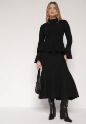 Czarny Dzianinowy Komplet z Wiskozą Spódnica i Sweter z Baskinką i Cyrkoniami Neora. Czarne swetry nierozpinane damskie Born2be, m, bez wzorów, z dzianiny, eleganckie, bez kołnierzyka, bez ramiączek. Za 229.99 zł.
