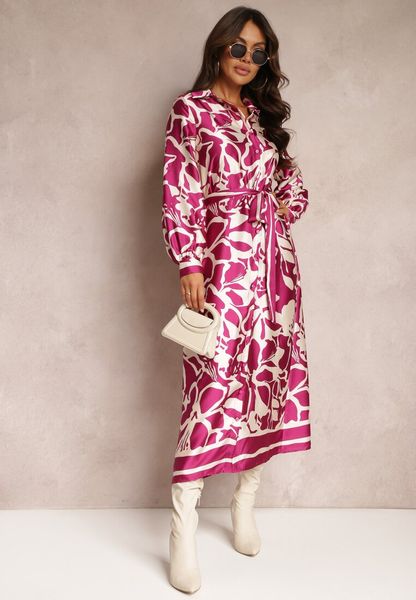 Fioletowa Satynowa Sukienka Koszulowa w Kwiaty z Paskiem Zatwala. Fioletowe sukienki damskie Renee, m, bez wzorów, z materiału, bez kołnierzyka, bez ramiączek, maxi, koszulowe. Za 149.99 zł.