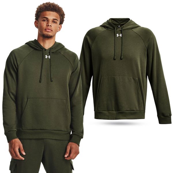Bluza fitness męska UNDER ARMOUR Rival Fleece Hoodie z kapturem. Zielone bluzy męskie Under Armour, m, bez wzorów, z kapturem, na fitness i siłownię. Za 219.00 zł.