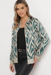 Ciemnozielona Bluza w Stylu Bomberki o Połyskującym Wykończeniu Sivalu. Zielone bluzy damskie Born2be, l, bez wzorów, bez ramiączek, bez kaptura. Za 109.99 zł.