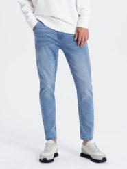 Spodnie męskie jeansowe SKINNY FIT z kieszeniami chino - jasnoniebieskie V2 - Rozmiar: L. Niebieskie eleganckie spodnie męskie Ombre Clothing, bez wzorów, z bawełny. W wyprzedaży za 125.99 zł.