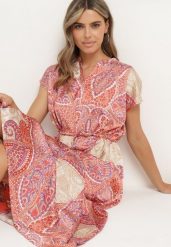 Różowo-Beżowa Rozkloszowana Sukienka ze Ściągaczem w Talii w Stylu Boho Dimirra. Czerwone sukienki damskie Born2be, na co dzień, s, bez wzorów, boho, bez kołnierzyka, bez ramiączek, maxi, proste. Za 74.99 zł.