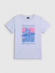 4F T-shirt regular z nadrukiem damski - niebieski XL. Niebieskie t-shirty damskie 4F, xl, bez wzorów, z bawełny, bez kołnierzyka, bez ramiączek. Za 59.99 zł.
