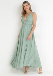 Miętowa Rozkloszowana Sukienka na Ramiączkach Seraphineme. Zielone sukienki damskie Born2be, l, bez wzorów, eleganckie, bez kołnierzyka, bez ramiączek, maxi, rozkloszowane. Za 89.99 zł.