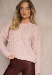Różowy Sweter z Wełną i Wiskozą Ozdobiony Tłoczeniem i Kulkami Vaiannae. Czerwone swetry nierozpinane damskie Renee, na zimę, m, bez wzorów, z wełny, casualowe, bez kołnierzyka, bez ramiączek. Za 84.99 zł.