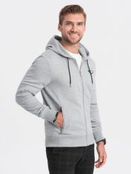 Bluza męska rozpinana z kapturem - szary melanż V2 - Rozmiar: S. Szare bluzy męskie Ombre Clothing, m, bez wzorów, z bawełny, bez ramiączek, z kapturem. W wyprzedaży za 69.99 zł.