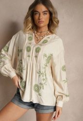 Beżowa Bluzka z Wiskozą i Haftowanym Wzorem Novalisse. Brązowe bluzki damskie Renee, l, bez wzorów, z jeansu, eleganckie, bez kołnierzyka, bez ramiączek. Za 119.99 zł.