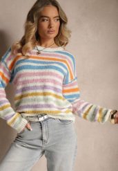 Niebieski Sweter z Dodatkiem Wełny w Kolorowe Paski Aslefa. Niebieskie swetry nierozpinane damskie Renee, m, bez wzorów, z jeansu, casualowe, bez kołnierzyka, bez ramiączek. Za 109.99 zł.