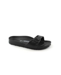 Klapki damskie Birkenstock Eva Madrid Black Eva. Czarne klapki damskie Birkenstock, bez wzorów, z materiału, bez obcasa, bez zapięcia. Za 276.00 zł.