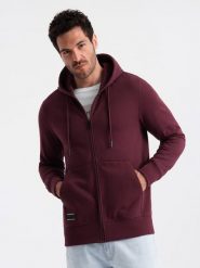 Rozpinana męska bluza dresowa BASIC – bordowa V3 OM-SSBZ-0160 - XXL. Czerwone bluzy męskie Ombre Clothing, l, bez wzorów, z dresówki, z kapturem. Za 125.99 zł.