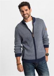Sweter rozpinany ze stójką. Niebieskie swetry męskie bonprix, l, bez wzorów, bez kołnierzyka, bez ramiączek. Za 169.99 zł.