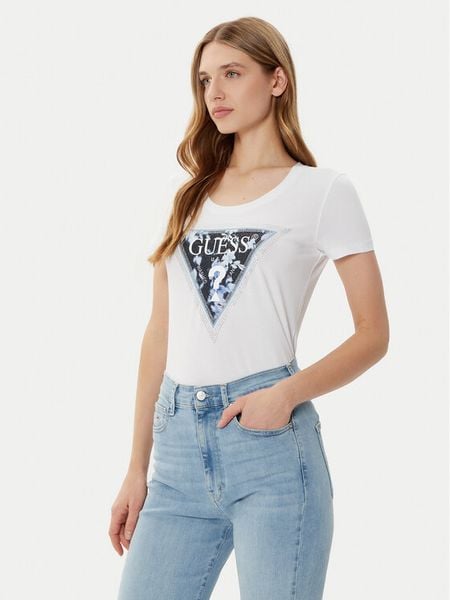 Guess T-Shirt W5RI00 J1314 Biały Regular Fit. Białe t-shirty damskie Guess, xs, z aplikacjami, z bawełny, bez kołnierzyka, bez ramiączek. Za 129.99 zł.