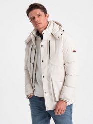 Zimowa kurtka męska z odpinanym kapturem i kieszeniami cargo - kremowa V2 OM-JAHP-0152 - XXL. Białe kurtki męskie Ombre Clothing, na zimę, l, bez wzorów. W wyprzedaży za 259.99 zł.