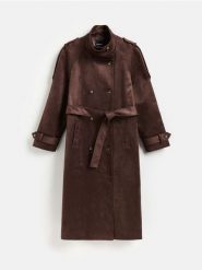 Płaszcz z imitacji zamszu - ciemnobrązowy. Brązowe płaszcze damskie Reserved, l, bez wzorów, bez kołnierzyka, bez kaptura. Za 359.99 zł.
