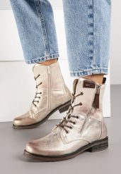 Złote Botki Workery ze Sznurowaniem i Zapięciem na Suwak Vemida. Żółte botki damskie Born2be, bez wzorów, z jeansu, eleganckie, bez obcasa, na płaskiej podeszwie, bez zapięcia. Za 109.99 zł.