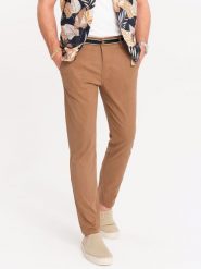 Spodnie męskie chino z ozdobną taśmą w pasie SLIM FIT – brązowe V4 - Rozmiar: XL. Brązowe eleganckie spodnie męskie Ombre Clothing, bez wzorów, z bawełny, casualowe. W wyprzedaży za 179.99 zł.