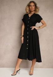 Czarna Wiskozowa Sukienka Koszulowa z Guzikami i Wiązaniem w Talii Velazia. Czarne sukienki damskie Renee, na co dzień, l, bez wzorów, z materiału, eleganckie, bez kołnierzyka, bez ramiączek, midi, koszulowe. Za 119.99 zł.