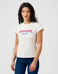 WRANGLER DAMSKA KOSZULKA WRANGLER SHRUNKEN BAND TEE WORN WHITE 112355334. Białe bluzki damskie Wrangler, s, bez wzorów, bez kołnierzyka, bez ramiączek. Za 89.99 zł.